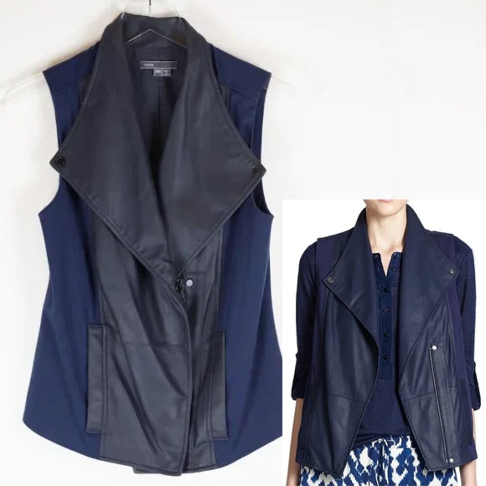 Vince Vest Goat Leather Mixed Media Asymmetrical Outterwear Blue Size XXS